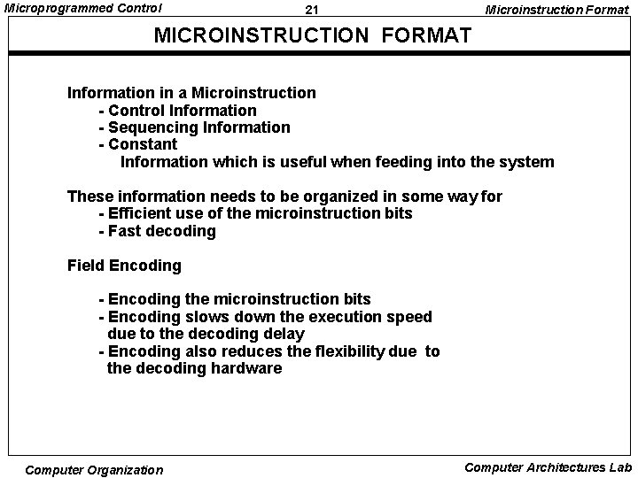 Microprogrammed Control 21 Microinstruction Format MICROINSTRUCTION FORMAT Information in a Microinstruction - Control Information