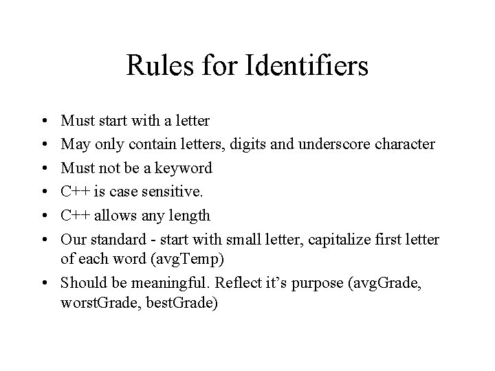 Rules for Identifiers • • • Must start with a letter May only contain