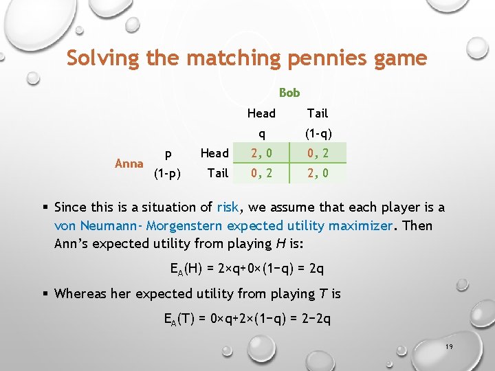 Solving the matching pennies game Bob Anna Head Tail q (1 -q) p Head