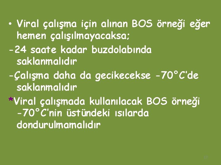  • Viral çalışma için alınan BOS örneği eğer hemen çalışılmayacaksa; -24 saate kadar