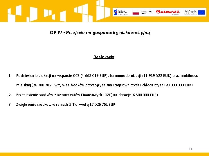 OP IV - Przejście na gospodarkę niskoemisyjną Realokacja 1. Podniesienie alokacji na wsparcie OZE