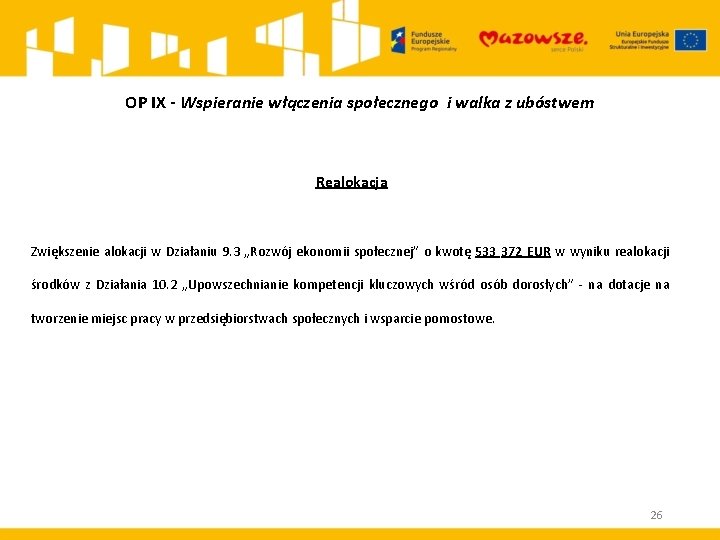 OP IX - Wspieranie włączenia społecznego i walka z ubóstwem Realokacja Zwiększenie alokacji w