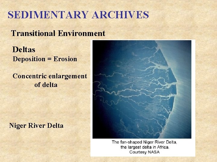 SEDIMENTARY ARCHIVES Transitional Environment Deltas Deposition = Erosion Concentric enlargement of delta Niger River
