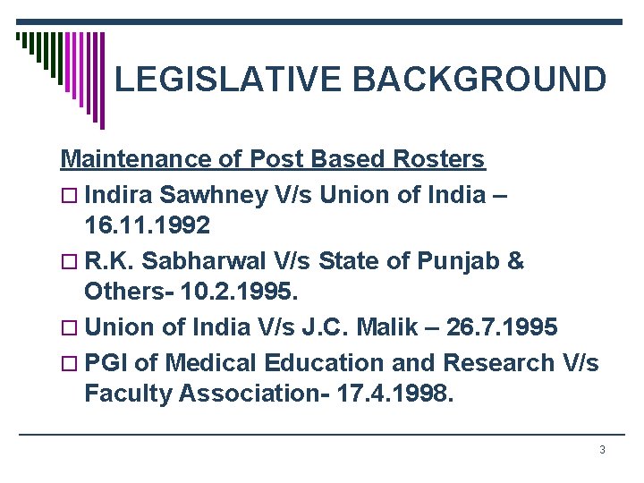LEGISLATIVE BACKGROUND Maintenance of Post Based Rosters o Indira Sawhney V/s Union of India