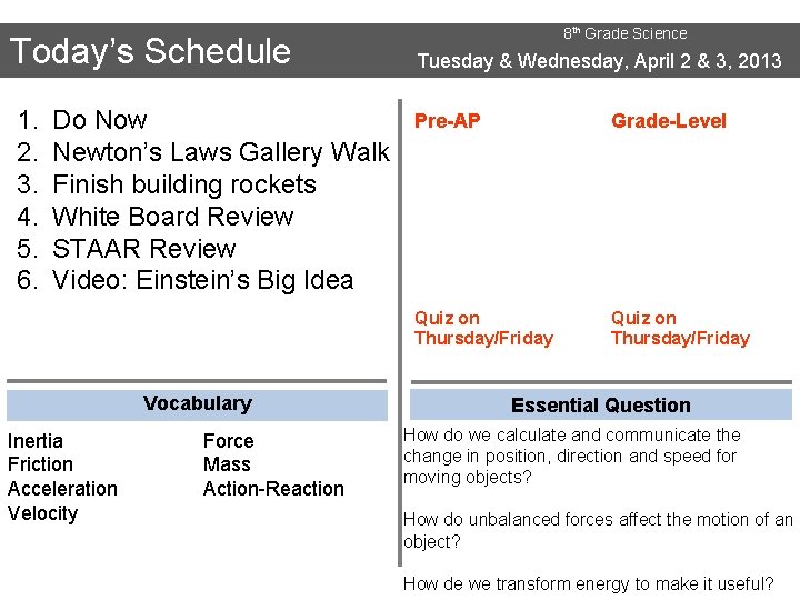 Today’s Schedule 1. 2. 3. 4. 5. 6. Do Now Newton’s Laws Gallery Walk