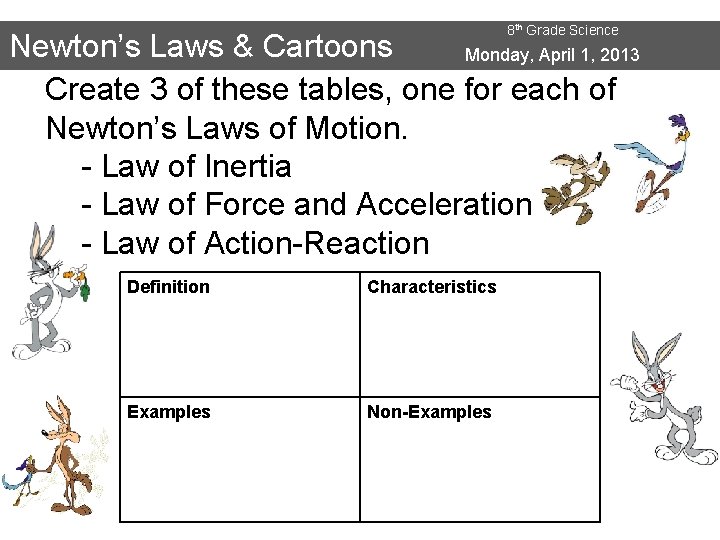 8 th Grade Science Newton’s Laws & Cartoons Monday, April 1, 2013 Create 3