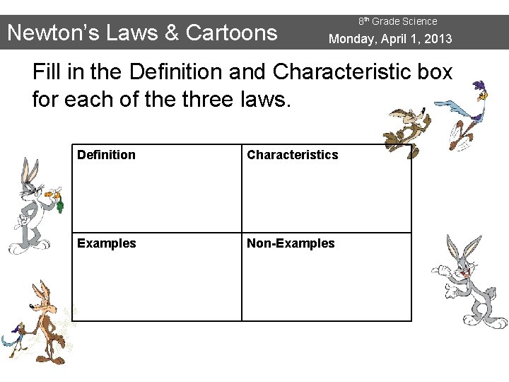 Newton’s Laws & Cartoons 8 th Grade Science Monday, April 1, 2013 Fill in