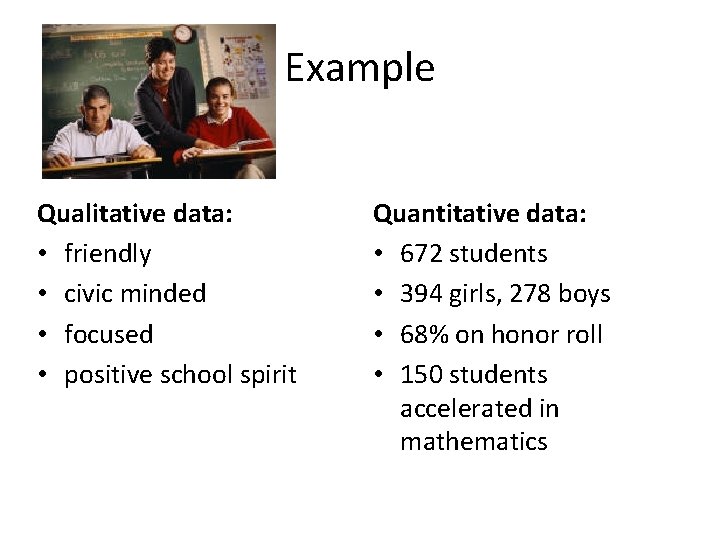 Example Qualitative data: • friendly • civic minded • focused • positive school spirit