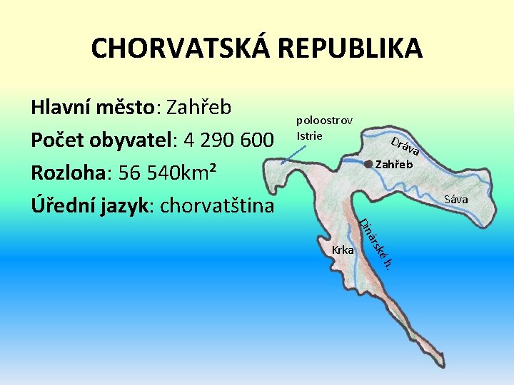 CHORVATSKÁ REPUBLIKA Hlavní město: Zahřeb Počet obyvatel: 4 290 600 Rozloha: 56 540 km² CHORVATSKÁ REPUBLIKA Hlavní město: Zahřeb Počet obyvatel: 4 290 600 Rozloha: 56 540 km²