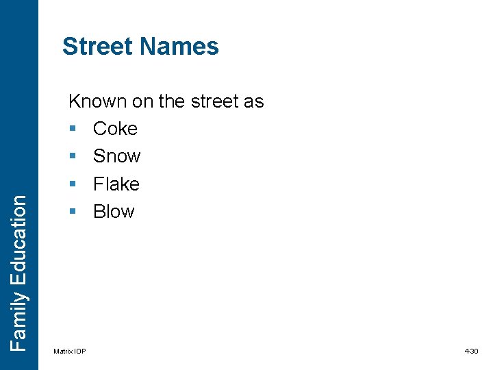 Family Education Street Names Known on the street as § Coke § Snow § Family Education Street Names Known on the street as § Coke § Snow §