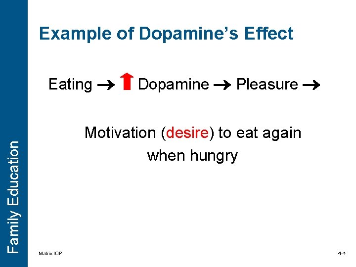 Example of Dopamine’s Effect Family Education Eating Dopamine Pleasure Motivation (desire) to eat again Example of Dopamine’s Effect Family Education Eating Dopamine Pleasure Motivation (desire) to eat again