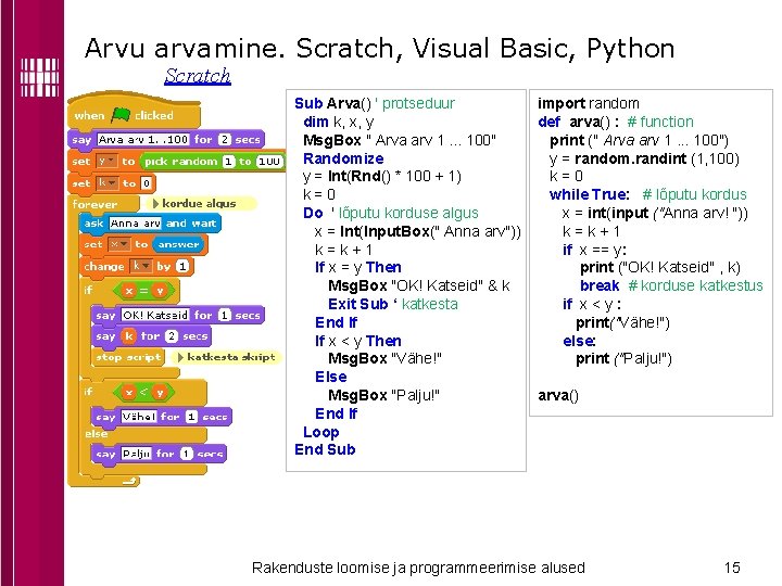 Arvu arvamine. Scratch, Visual Basic, Python Scratch Sub Arva() ' protseduur dim k, x,