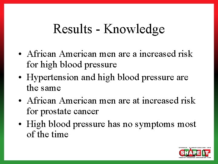Results - Knowledge • African American men are a increased risk for high blood
