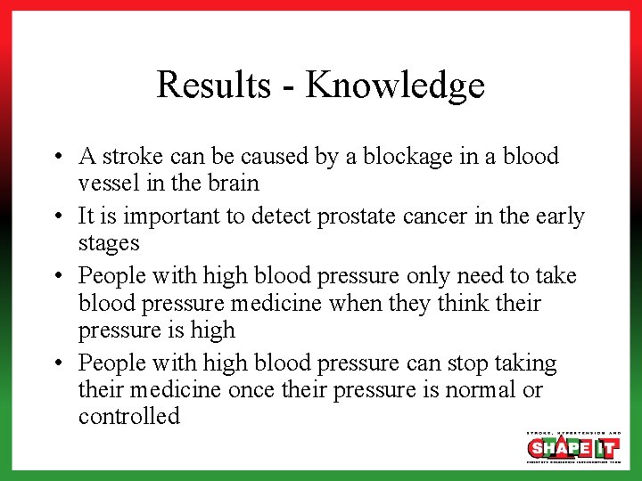 Results - Knowledge • A stroke can be caused by a blockage in a