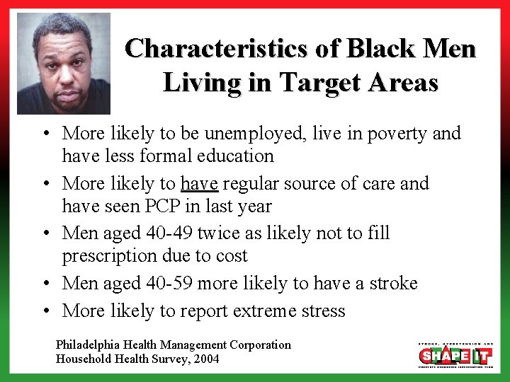 Characteristics of Black Men Living in Target Areas • More likely to be unemployed,