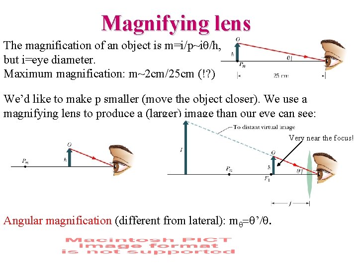 Magnifying lens The magnification of an object is m=i/p~iq/h, but i=eye diameter. Maximum magnification: