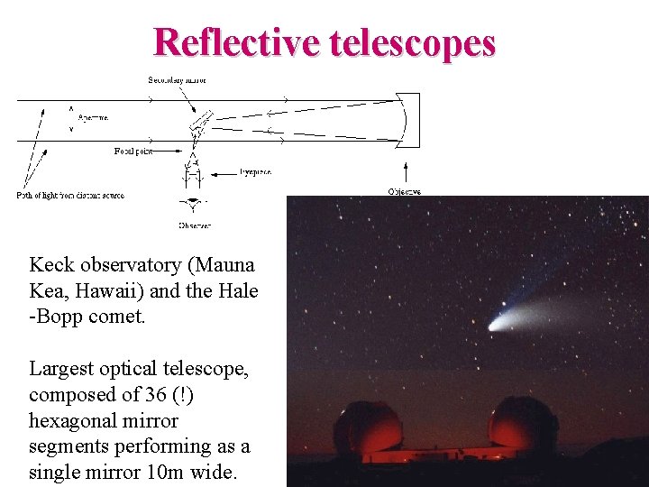 Reflective telescopes Keck observatory (Mauna Kea, Hawaii) and the Hale -Bopp comet. Largest optical