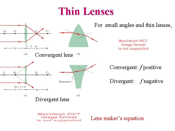 Thin Lenses For small angles and thin lenses, Convergent lens Convergent: f positive Divergent:
