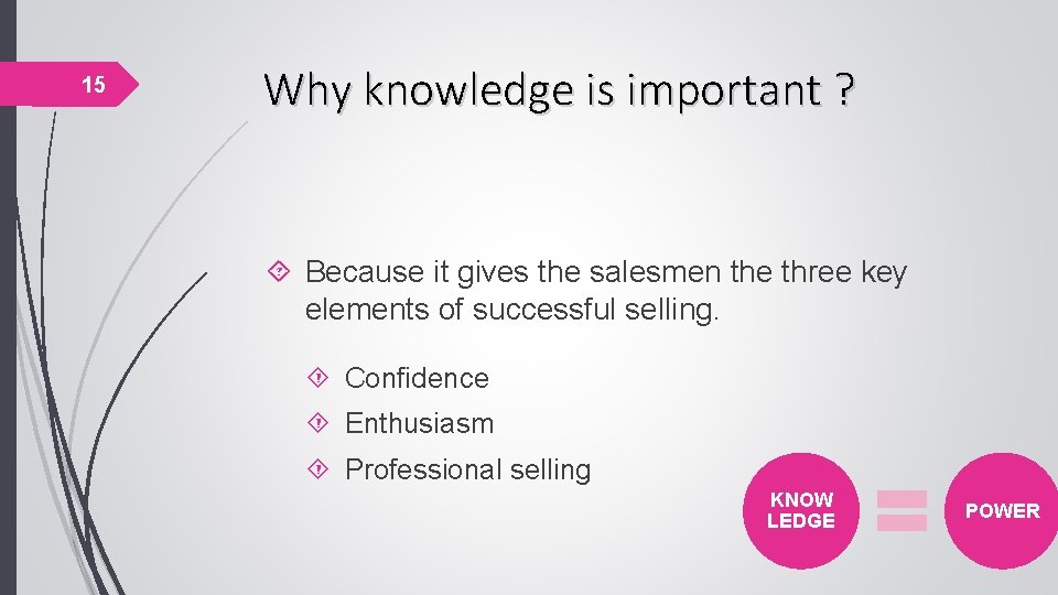 15 Why knowledge is important ? Because it gives the salesmen the three key 15 Why knowledge is important ? Because it gives the salesmen the three key