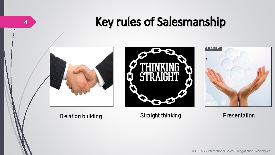 4 Key rules of Salesmanship Relation building Straight thinking Presentation INTF 356 - International 4 Key rules of Salesmanship Relation building Straight thinking Presentation INTF 356 - International