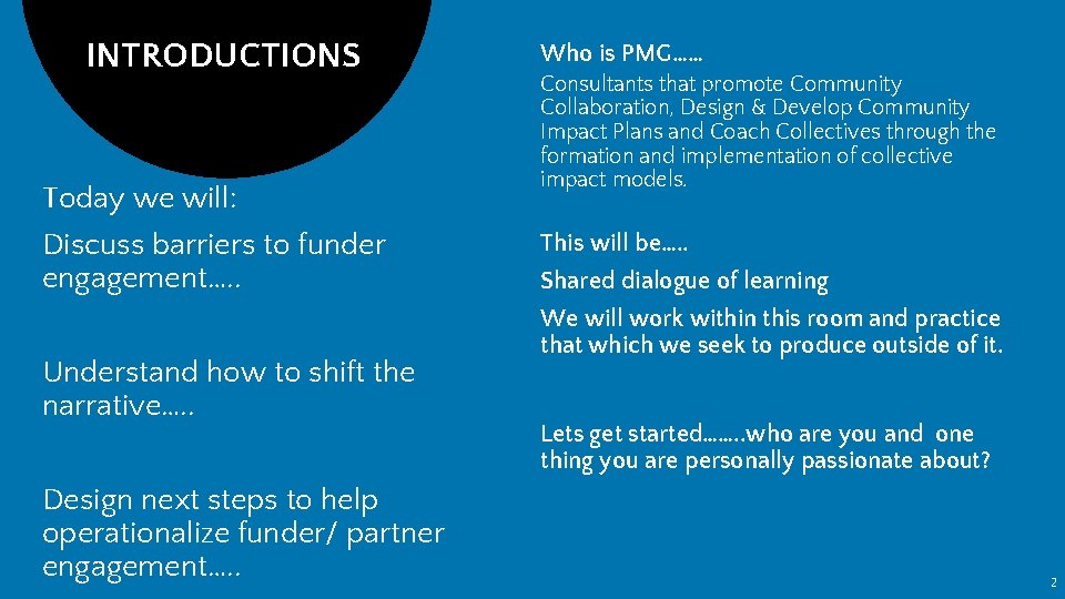 INTRODUCTIONS Today we will: Discuss barriers to funder engagement…. . Understand how to shift