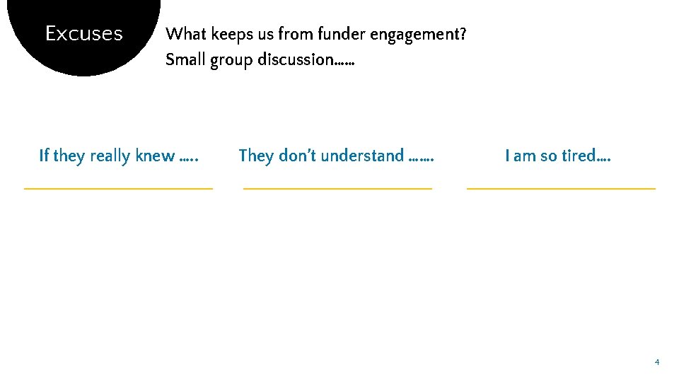 Excuses What keeps us from funder engagement? Small group discussion…… If they really knew