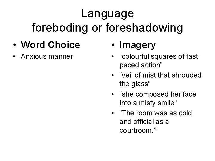 Language foreboding or foreshadowing • Word Choice • Imagery • Anxious manner • “colourful