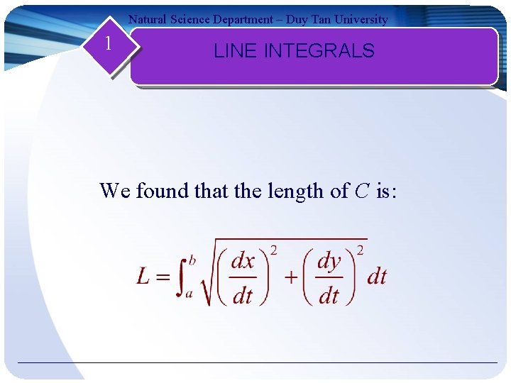 Natural Science Department – Duy Tan University 1 LINE INTEGRALS We found that the
