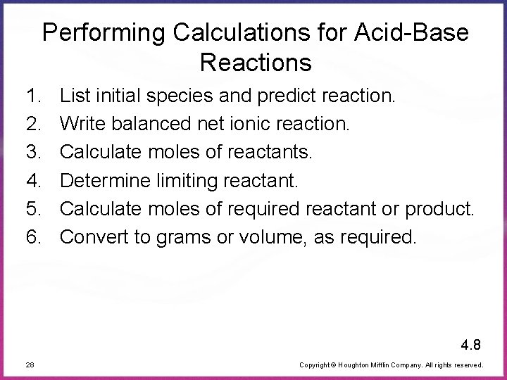 Performing Calculations for Acid-Base Reactions 1. 2. 3. 4. 5. 6. List initial species