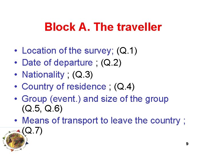 Block A. The traveller • • • Location of the survey; (Q. 1) Date