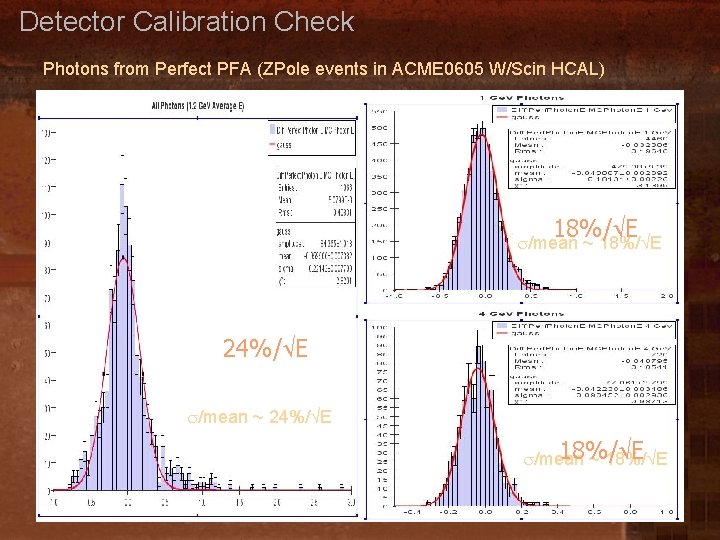 Detector Calibration Check Photons from Perfect PFA (ZPole events in ACME 0605 W/Scin HCAL)