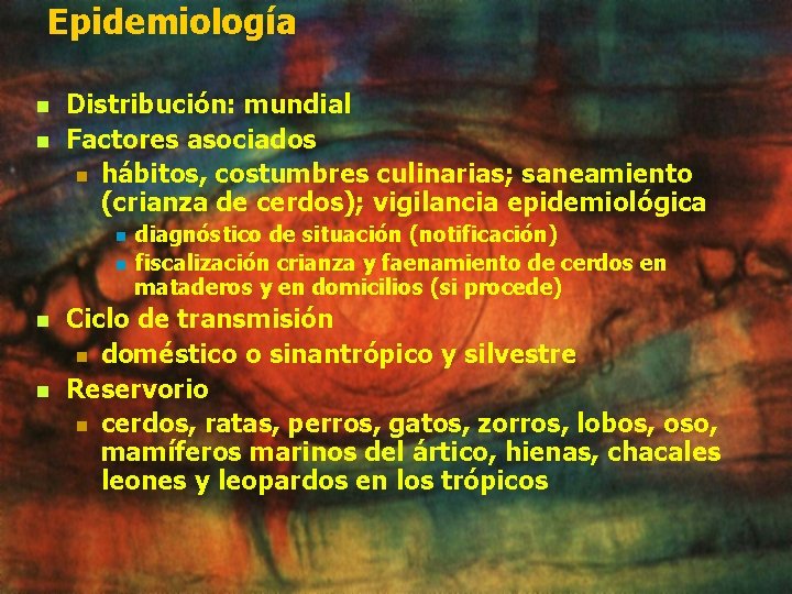 Epidemiología n n Distribución: mundial Factores asociados n hábitos, costumbres culinarias; saneamiento (crianza de