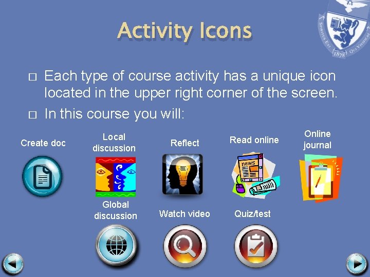 Activity Icons � � Each type of course activity has a unique icon located