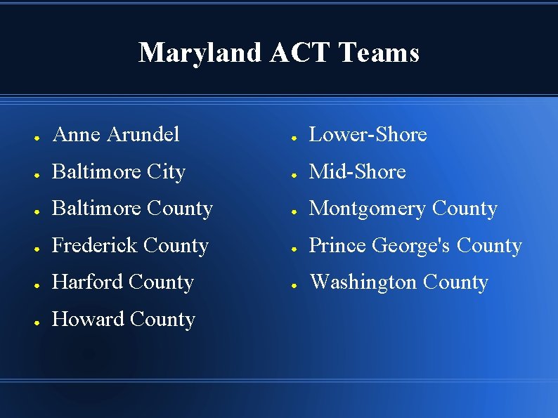 Maryland ACT Teams ● Anne Arundel ● Lower-Shore ● Baltimore City ● Mid-Shore ●