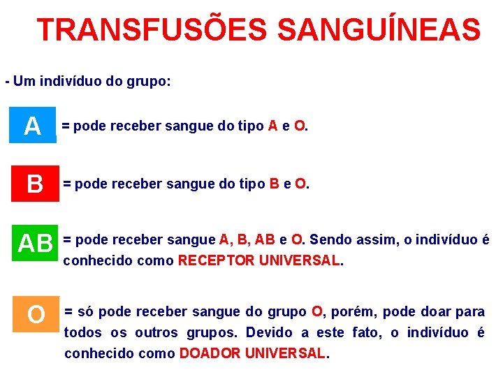 TRANSFUSÕES SANGUÍNEAS - Um indivíduo do grupo: A = pode receber sangue do tipo