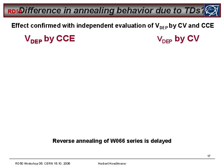 RD 50 Difference in annealing behavior due to TDs? Effect confirmed with independent evaluation