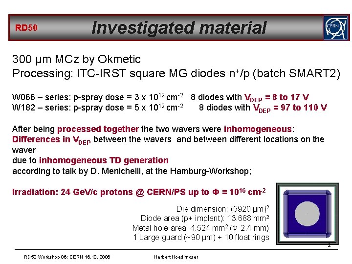 RD 50 Investigated material 300 μm MCz by Okmetic Processing: ITC-IRST square MG diodes