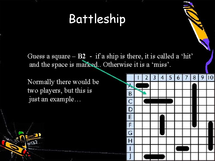 Battleship Guess a square – B 2 - if a ship is there, it