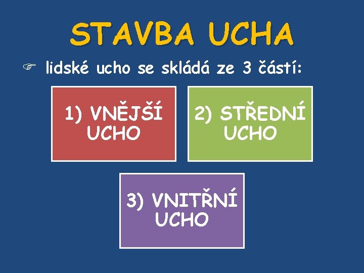 STAVBA UCHA lidské ucho se skládá ze 3 částí: 1) VNĚJŠÍ UCHO 2) STŘEDNÍ