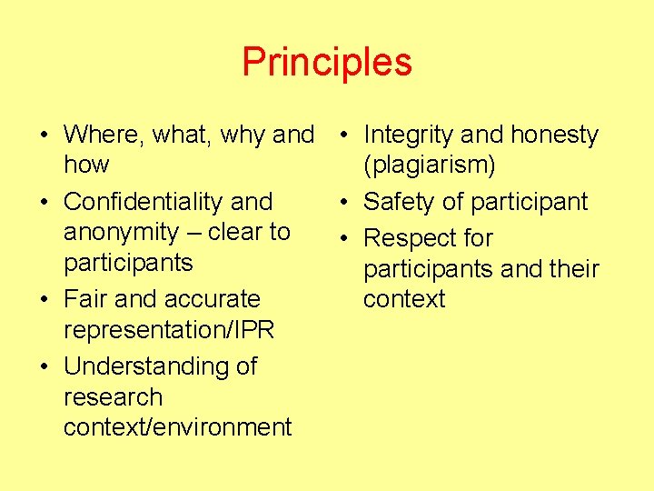 Principles • Where, what, why and • Integrity and honesty how (plagiarism) • Confidentiality