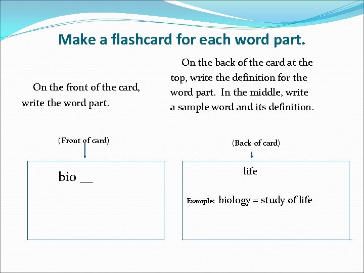 Make a flashcard for each word part. On the back of the card at