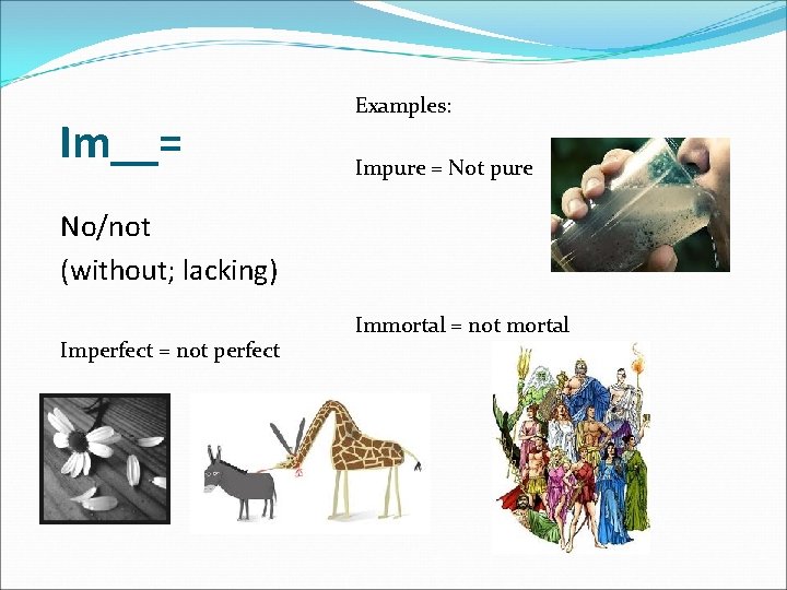 Im__= Examples: Impure = Not pure No/not (without; lacking) Imperfect = not perfect Immortal