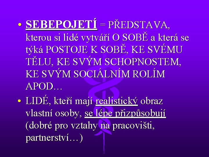  • SEBEPOJETÍ = PŘEDSTAVA, kterou si lidé vytváří O SOBĚ a která se