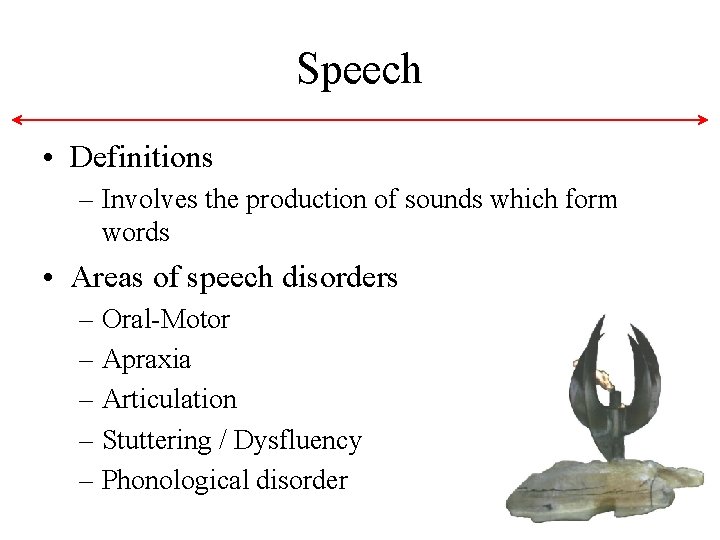 Speech • Definitions – Involves the production of sounds which form words • Areas Speech • Definitions – Involves the production of sounds which form words • Areas