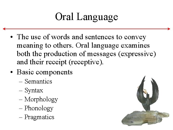Oral Language • The use of words and sentences to convey meaning to others. Oral Language • The use of words and sentences to convey meaning to others.