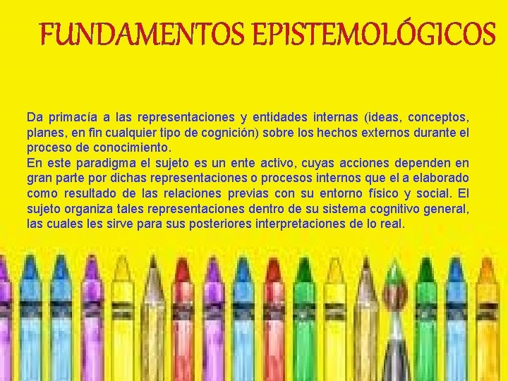 FUNDAMENTOS EPISTEMOLÓGICOS Da primacía a las representaciones y entidades internas (ideas, conceptos, planes, en