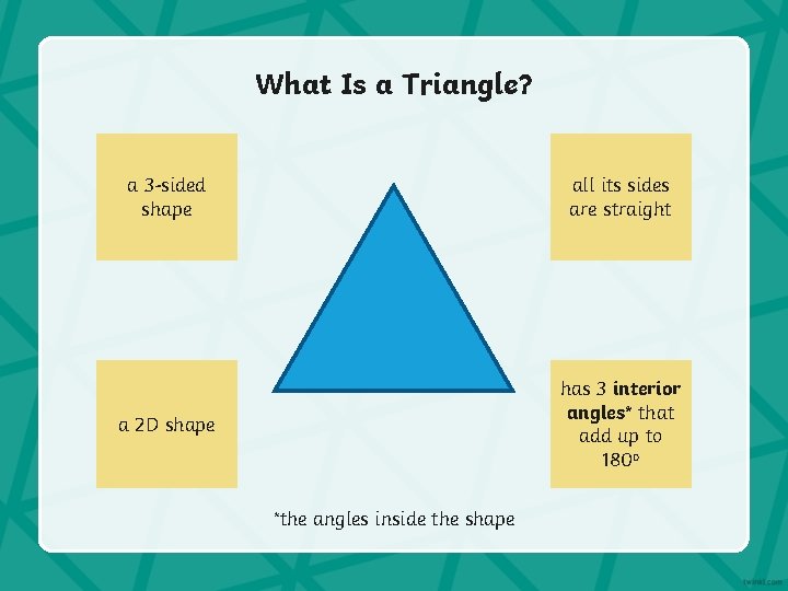 What Is a Triangle? a 3 -sided shape all its sides are straight a