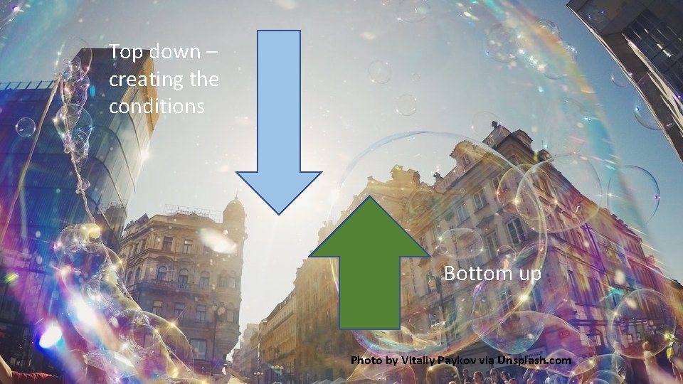 Top down – creating the conditions Bottom up Photo by Vitaliy Paykov via Unsplash.