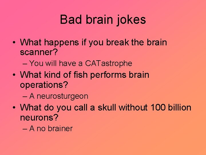 Bad brain jokes • What happens if you break the brain scanner? – You