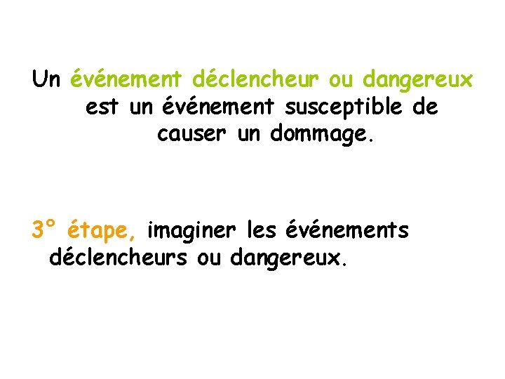 Un événement déclencheur ou dangereux est un événement susceptible de causer un dommage. 3°